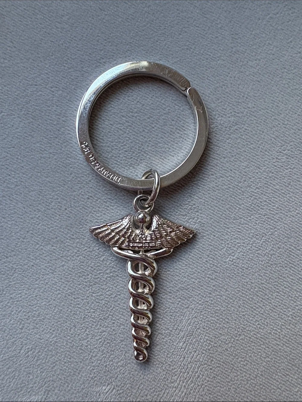 Tiffany & Co. Silver Caduceus Keyring with Tiffany Blue Pouch and Box
